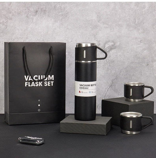 Premium Stainless Steel Vacuum Flask Set – 500ml Thermos with 3 Travel Cups