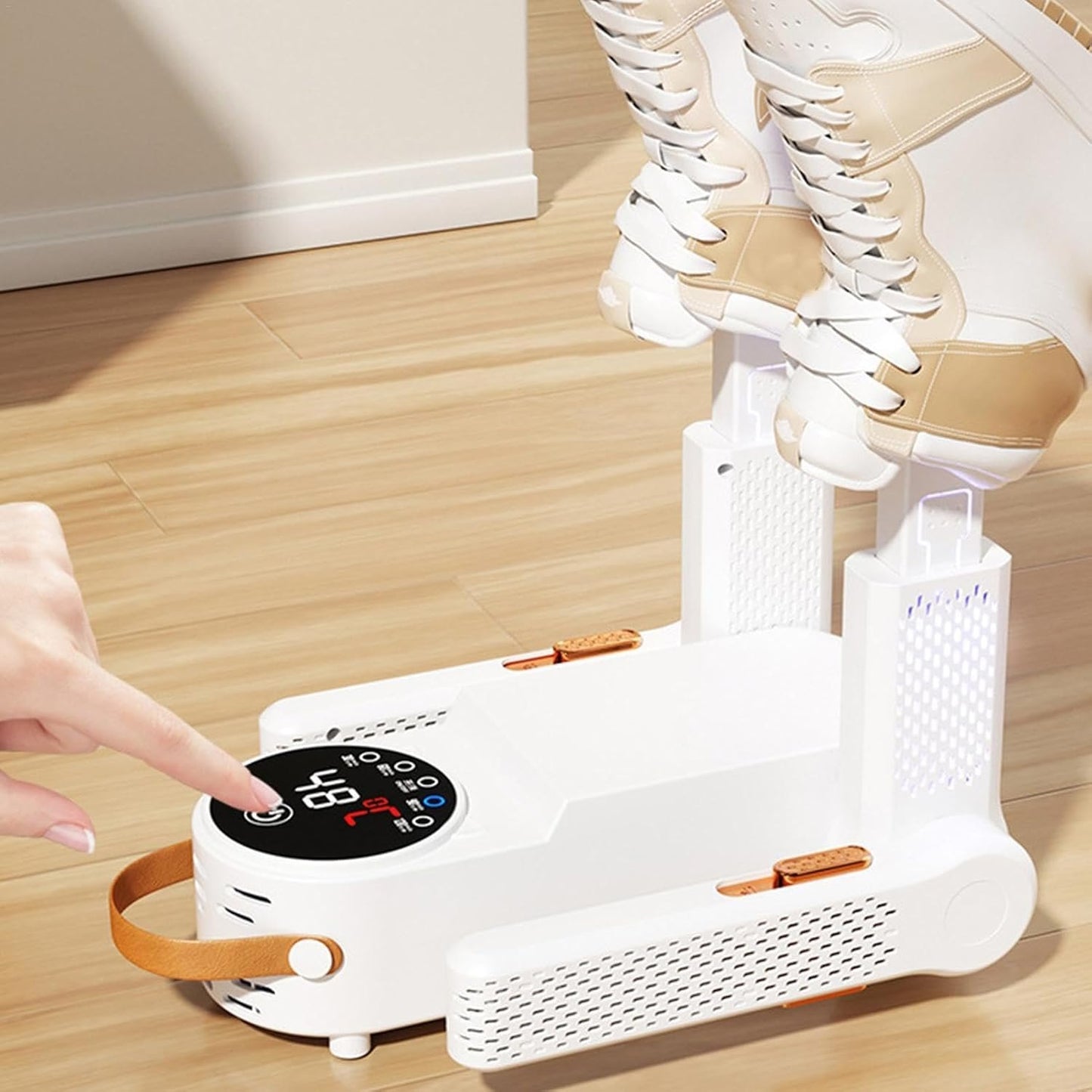 Electric shoe dryer with a timer and temperature control.